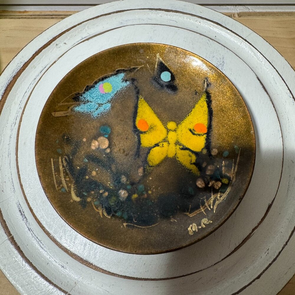 VTG Enamel Copper Dish Butterfly Signed Blue Yellow 4.25”